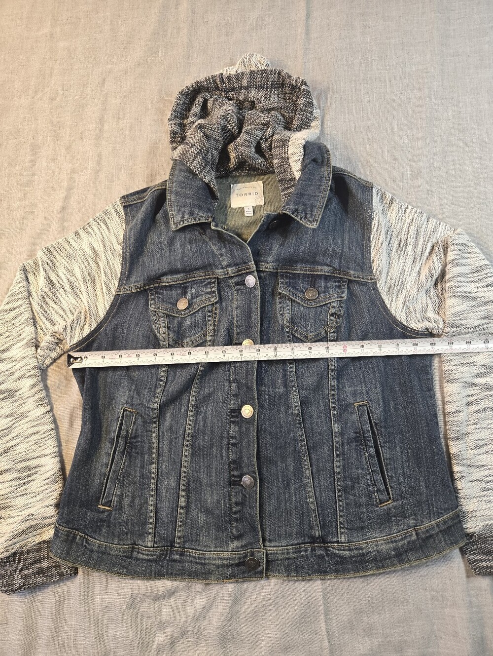 TORRID  Hooded Denim Jacket Knit Sleeve Medium Wash Blue Jean Size 1 /1X Plus
